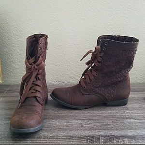Brown, lace, and suede booties